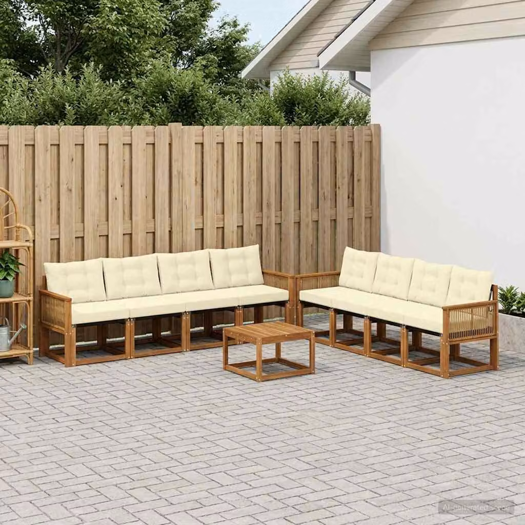 Set di divani da esterno moderno vidaXL in legno di acacia e textilene, 9 pezzi, beige e marrone