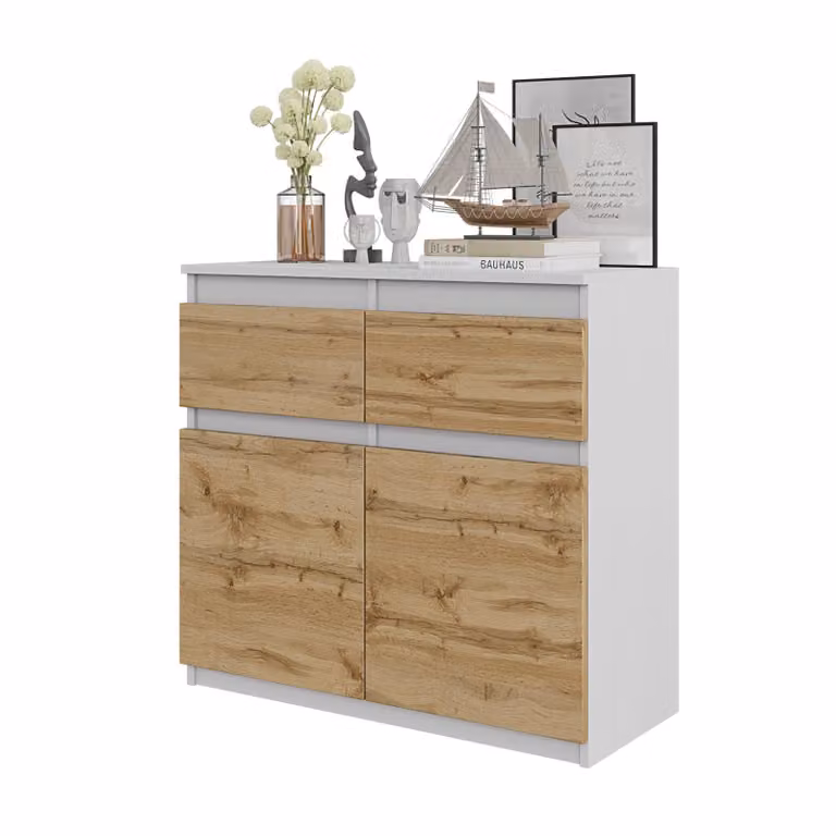 Cassettiera Noah - Bianco opaco / Rovere Wotan, 2 cassetti, 2 ante, 2 ripiani, 80 cm - Credenza per il soggiorno