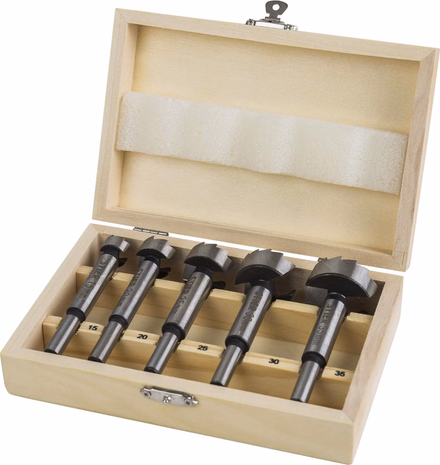 Set di punte STIER in valigetta di legno, 5 pezzi (15, 20, 25, 30, 35 mm), gambo da 10 mm, per legno duro e tenero, Set di punte STIER, Set di punte STIER