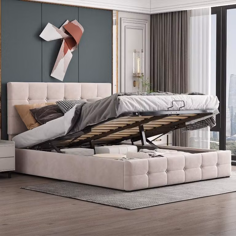 Letto imbottito 140x200 cm con spazio contenitore a sollevamento idraulico, poggiatesta regolabile in altezza, rivestimento in velluto e struttura a rete metallica, colore crema, ideale per la camera da letto