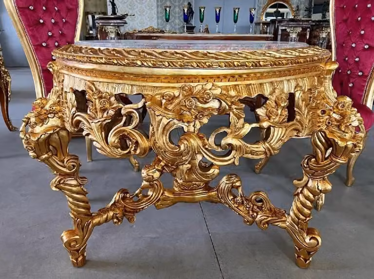 Casa Padrino Tavolo da pranzo barocco oro/grigio-marrone - Tavolo da pranzo rotondo in legno massiccio con piano in marmo - Mobili da sala da pranzo in stile barocco - Mobili barocchi - Nobile & Magnifico