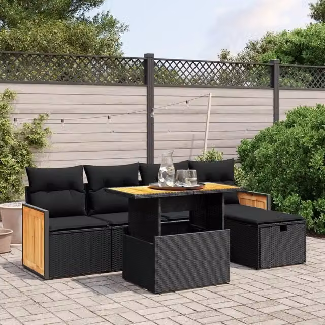 Set Divano da Giardino 6 pz con Cuscini Nero in Polyrattan 3276240