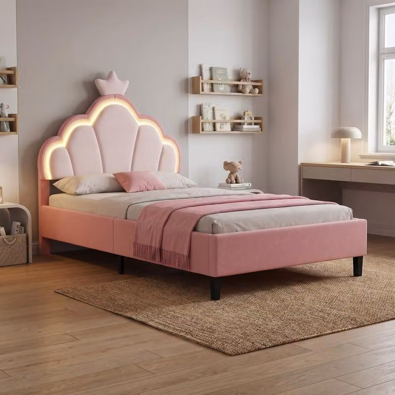 Letto per bambini ProximaX 90x200 cm in velluto rosa e bianco - design a , striscia luminosa a LED e testata regolabile in altezza, letto singolo comodo ed elegante