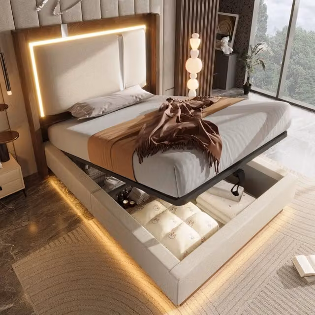 Letto singolo imbottito 90 × 200 cm con rete a doghe vano contenitore idraulico LED beige e noce