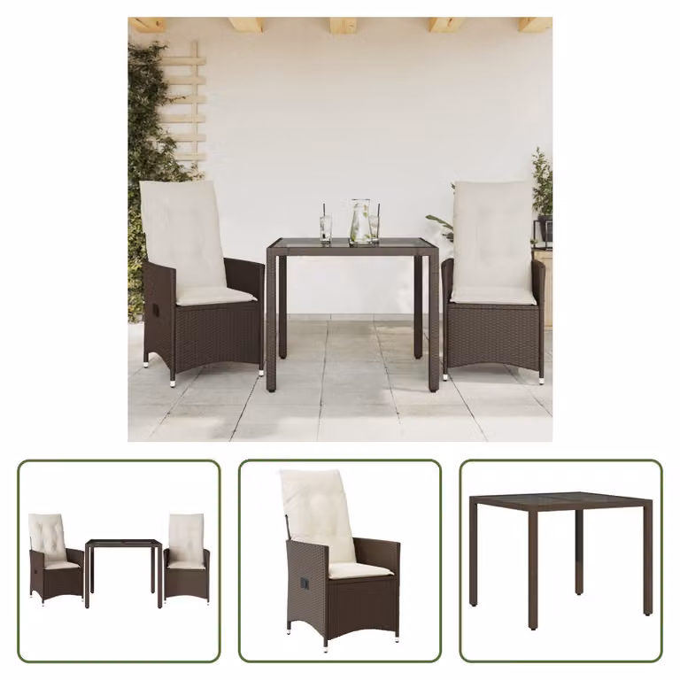 The Living Store Set bistrot 3 pezzi con cuscini in poly rattan marrone