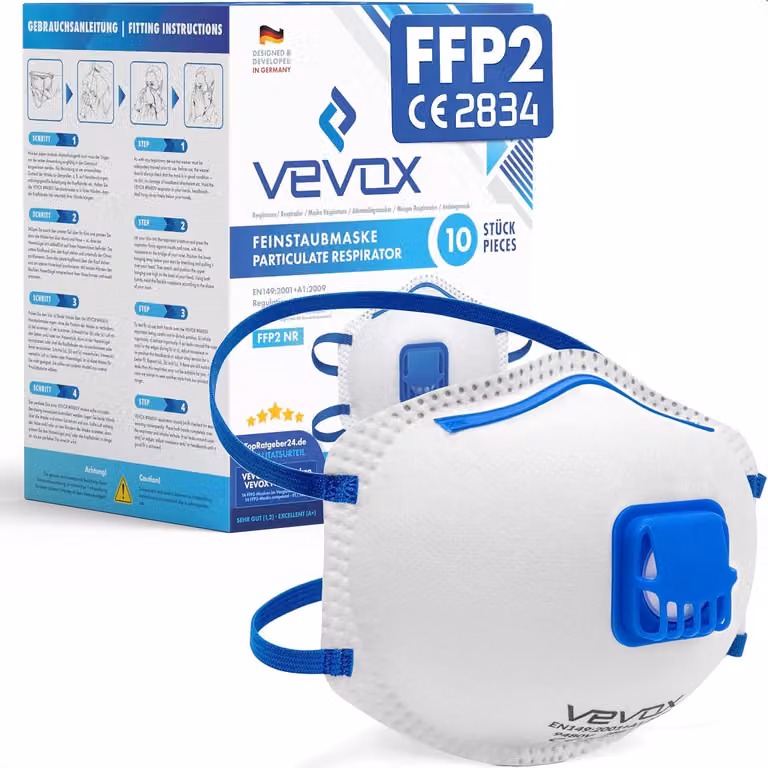 Mascherine antipolvere FFP2, confezione da 10 pezzi, con valvola e filtro, adatte per proteggere da polvere e allergeni