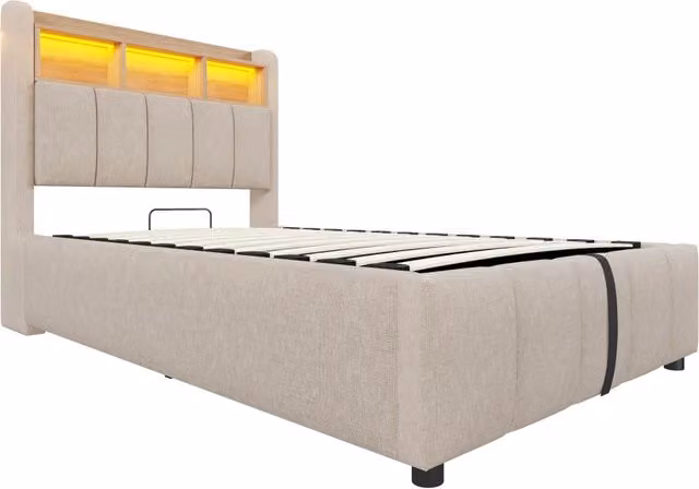 Letto singolo imbottito beige con contenitore, illuminazione LED RGB e porte USB e Type-C, L/P: 90 x 200 cm – 1