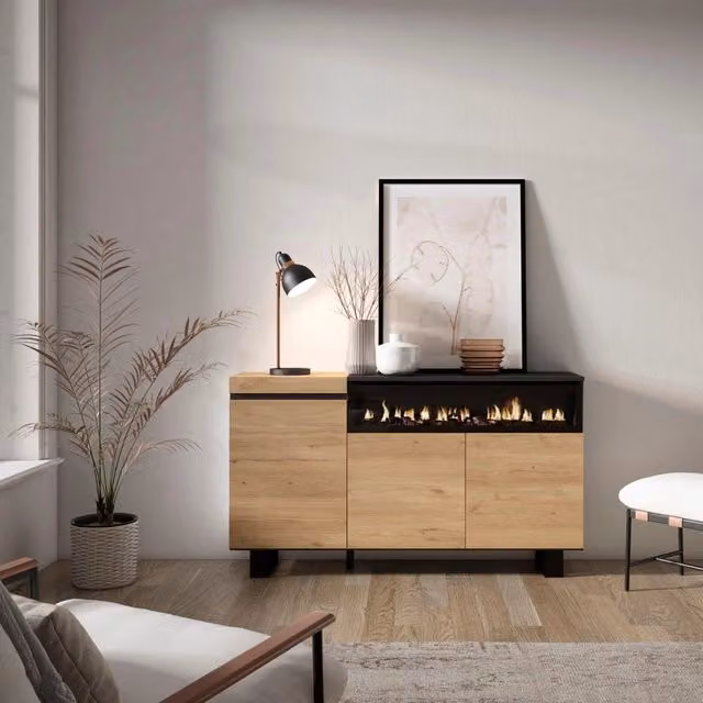 Credenza, Mobile, 150x35x87cm, 3 Porte, Camino elettrico, Design industriale, colore Rovere e nero RF2523