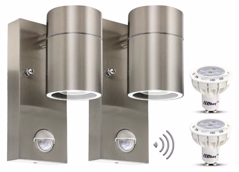 Set di 2 luci da esterno a LED con sensore di movimento, in acciaio inossidabile, attacco GU10, 7W