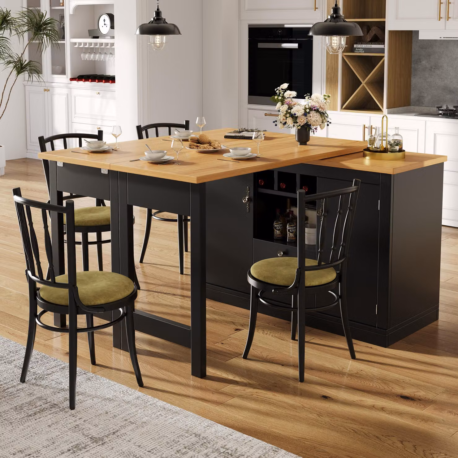 okwish Mobile da cucina a isola allungabile con funzione girevole a 360° e scomparti regolabili, tavolo bar con maniglie in metallo e sistema estraibile, nero, naturale