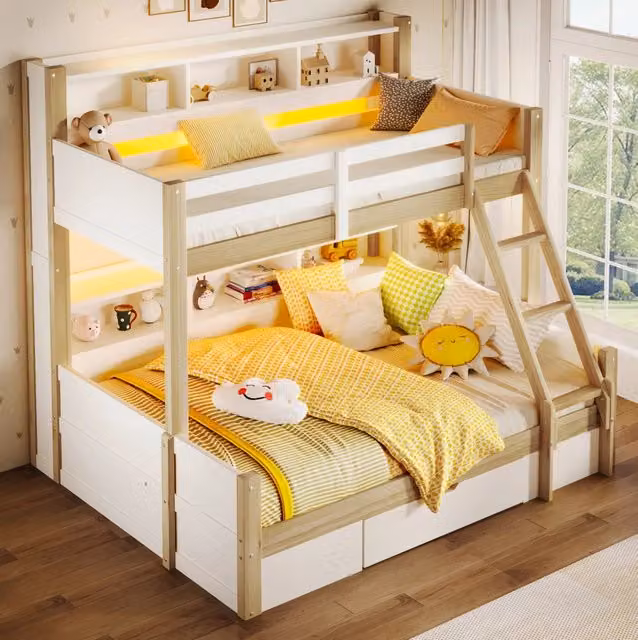 Letto a castello 90x200 e 140x200 cm con LED; scala; cassetto e vani aperti bianco naturale