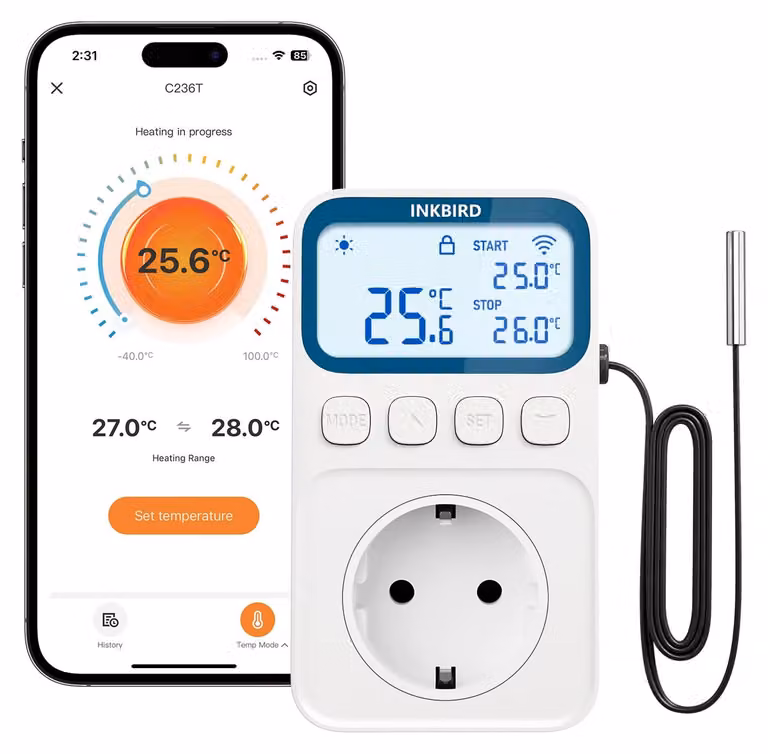 Termostato Wi-Fi con presa, dotato di funzioni di riscaldamento, raffreddamento e allarme