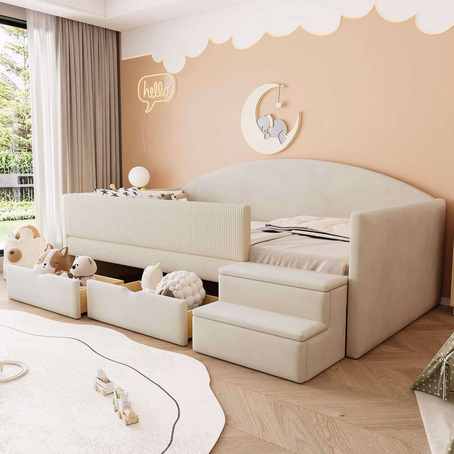 Letto imbottito Divano letto, 90*190cm, letto multifunzionale, con due cassetti e recinzioni, con gradini, tessuto di velluto delicato sulla pelle, senza materasso, Beige