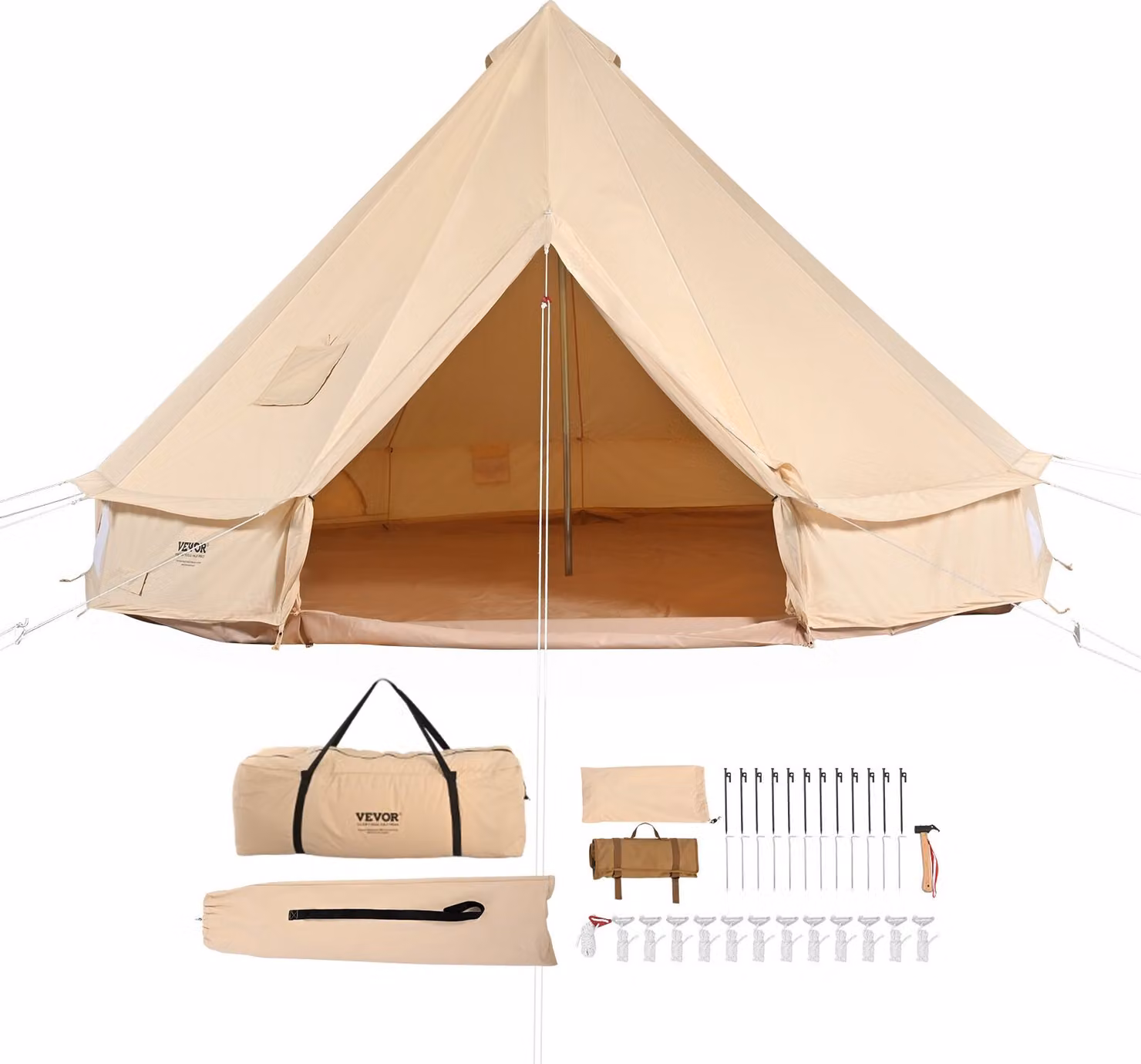 Tenda a campana 5 x 3 m Tenda yurta TC in cotone con pali in ferro ad alta resistenza e telo di fondo in PVC Tenda da campeggio 8 persone Tenda familiare 8 finestre Tenda a piramide Tenda di gruppo per avventure all'aperto