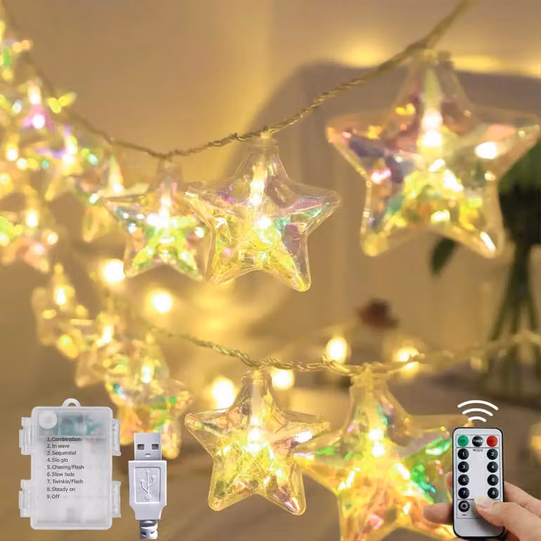 Catena luminosa con stelle, 3 metri, 20 LED, luce bianco caldo, timer, alimentazione tramite USB/batterie
