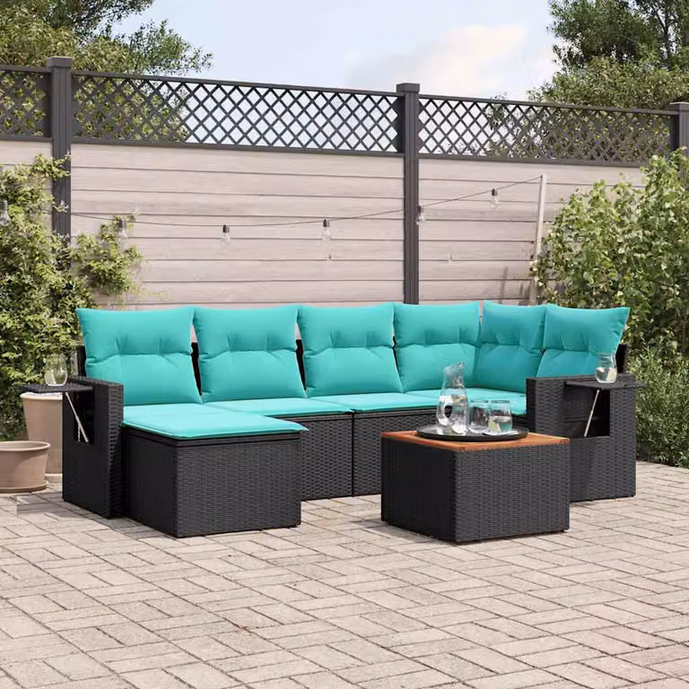 Set di divani da giardino vidaXL in polyrattan nero con 7 pezzi e cuscini inclusi