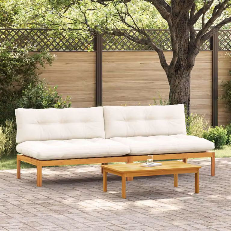 Set di 2 unità divano centrale vidaXL in legno di acacia e tessuto beige e bianco naturale per giardino, terrazza o sala da pranzo