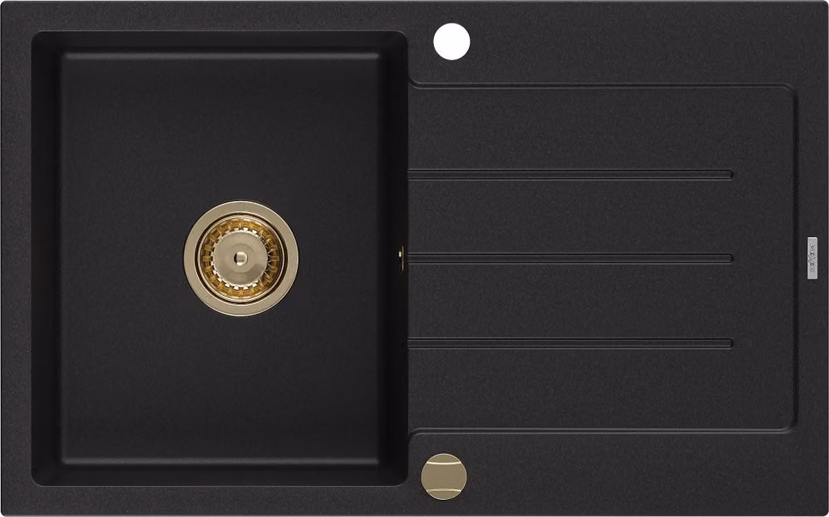 Mexen Bruno lavello da cucina in granito a 1 vasca con sgocciolatoio 795 x 495 mm, nero, sifone dorato - 6513791010-77-G