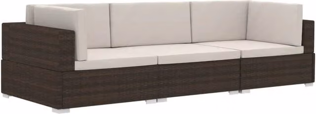 Set da giardino Outsunny a forma di L composto da 3 pezzi con divano a 3 posti, elemento angolare e cuscini imbottiti in tessuto marrone e bianco con struttura in metallo e rattan