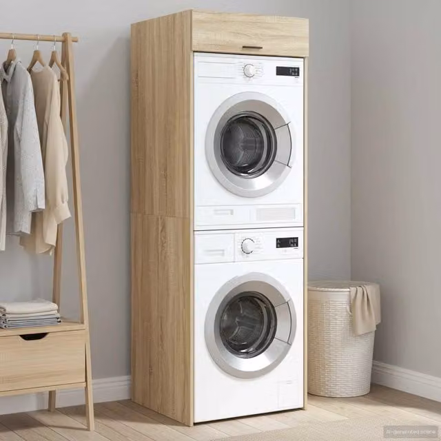 Mobiletto per lavatrice vidaXL in legno Rovere, colore marrone, con ante a battente e ripiani interni, L: 67,5 cm, P: 68 cm, H: 200 cm