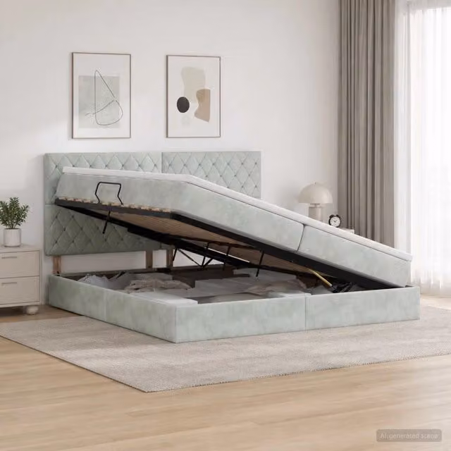 Letto matrimoniale con contenitore e materasso vidaXL in tessuto grigio, L/P/H: 200 x 200 x 140 cm
