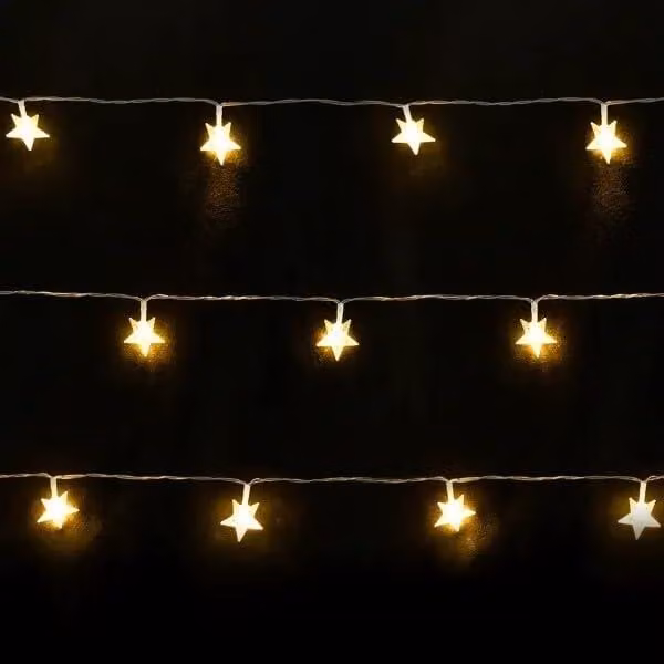 Catena luminosa con 20 LED caldi, lunghezza 3,3 metri, grado di protezione IP20, con timer, trasparente