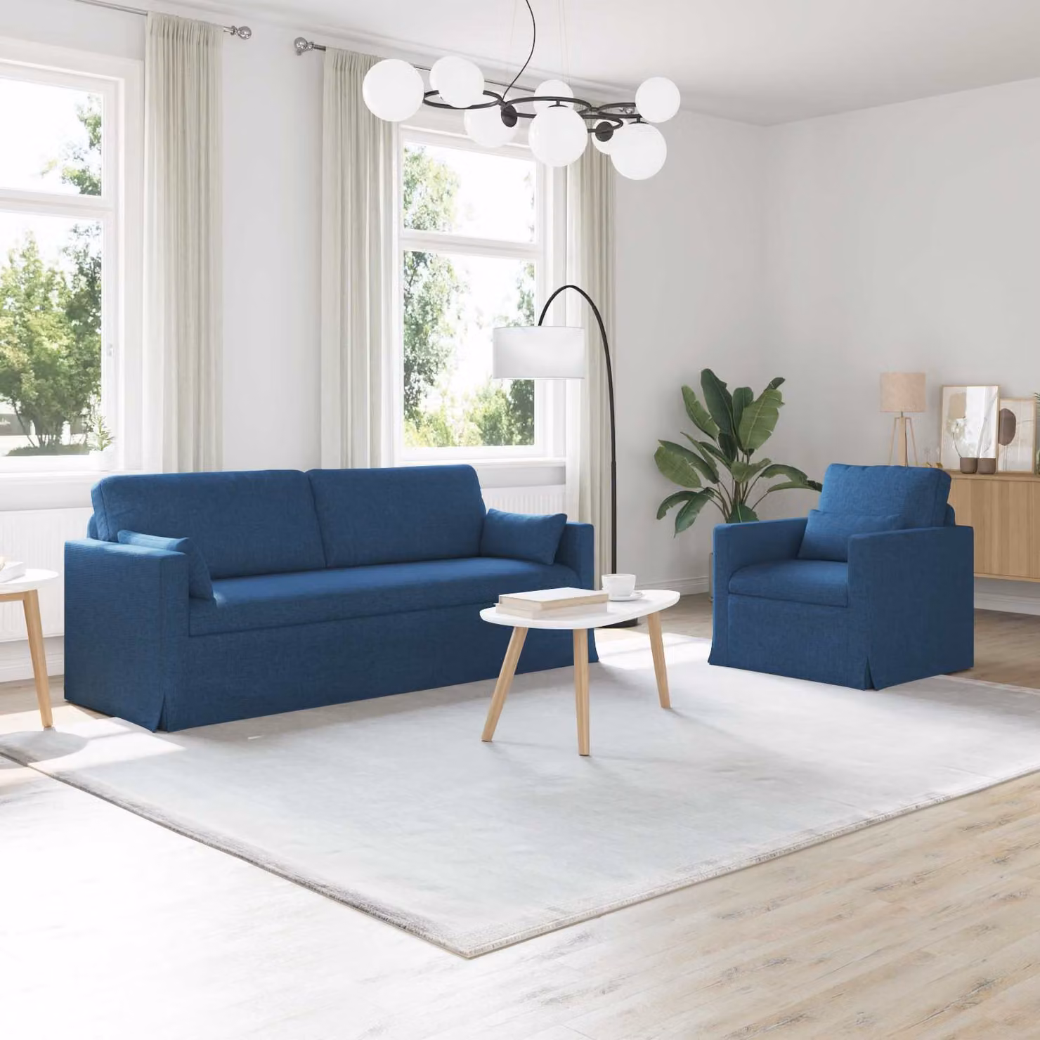 Set di 2 divani vidaXL moderni in tessuto blu con struttura in metallo e imbottitura in schiuma per soggiorno o camera da letto L: 198 cm, P: 80 cm, H: 78 cm – 1