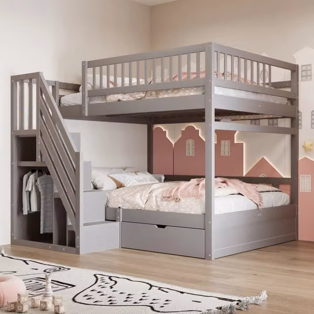 Letto a castello 140x200 cm con scala contenitore e cassetti in legno grigio