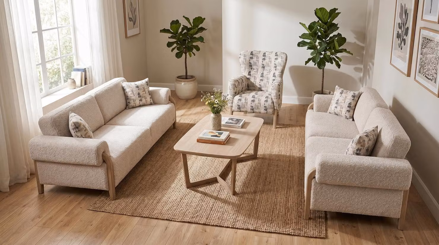 Set elegante per soggiorno, composto da un divano a 3 posti, un divano a 3 posti e una poltrona, con un tavolino da caffè dal design moderno