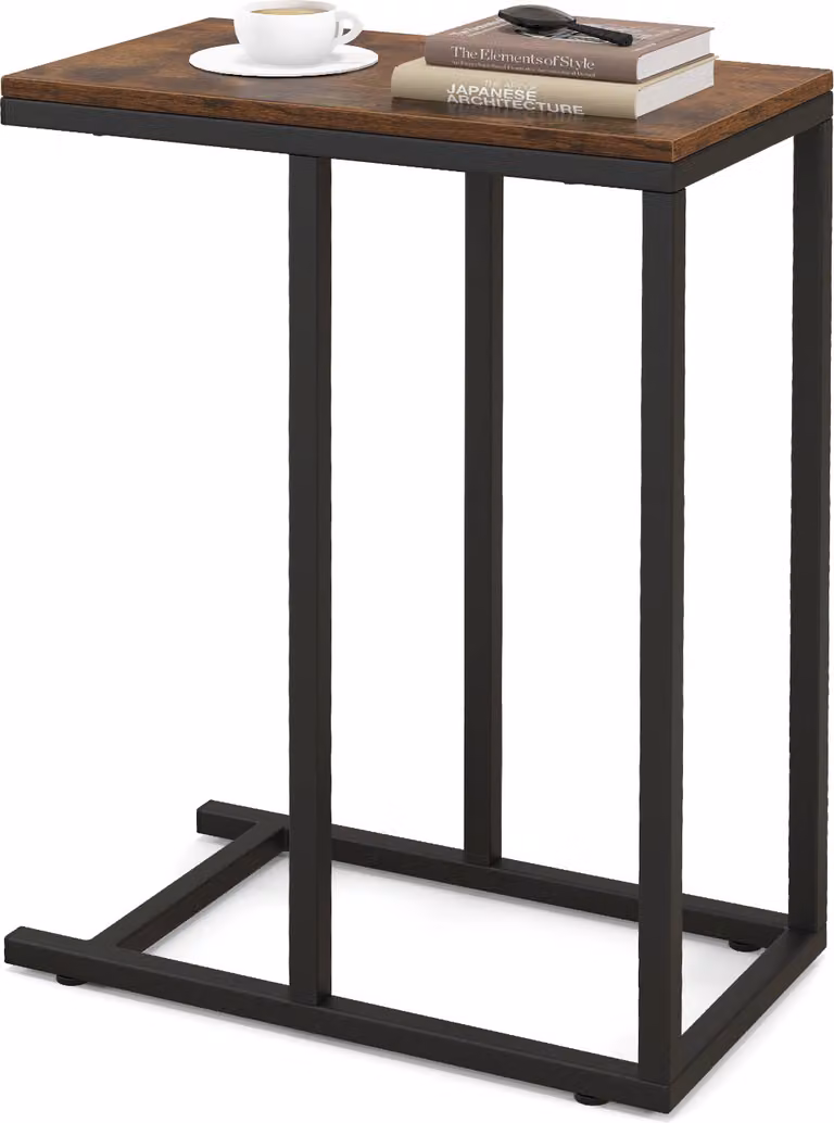 COSTWAY Tavolino a C per divano e letto, tavolino da divano alto 64 cm con struttura in metallo, tavolino porta TV rustico marrone