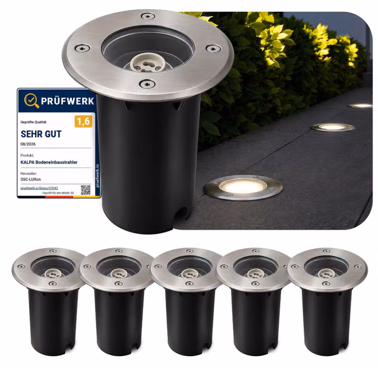 Set di 6 faretti da incasso a pavimento, colore argento, grado di protezione IP67, 230 V, attacco GU10