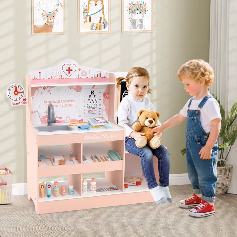 Set da gioco dottore in legno Costway Centro Medico per bambini con monitor ECG e tabella oculistica, Rosa