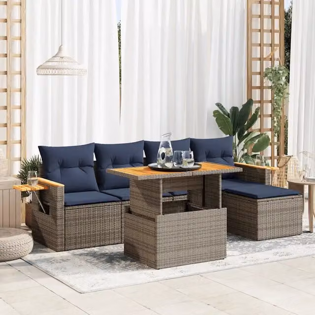 Set Divano da Giardino 6pz con Cuscini Grigio Polyrattan Acacia 3327589