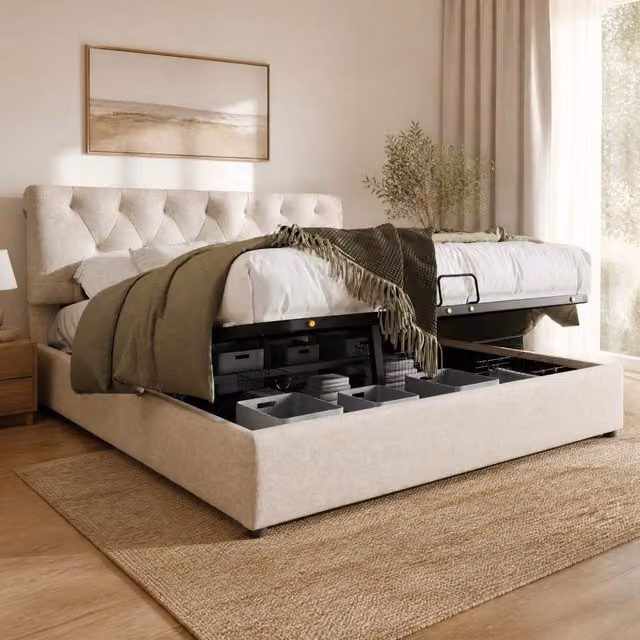 Letto matrimoniale MODFU con contenitore e testiera regolabile in lino beige, L/P: 160 x 200 cm