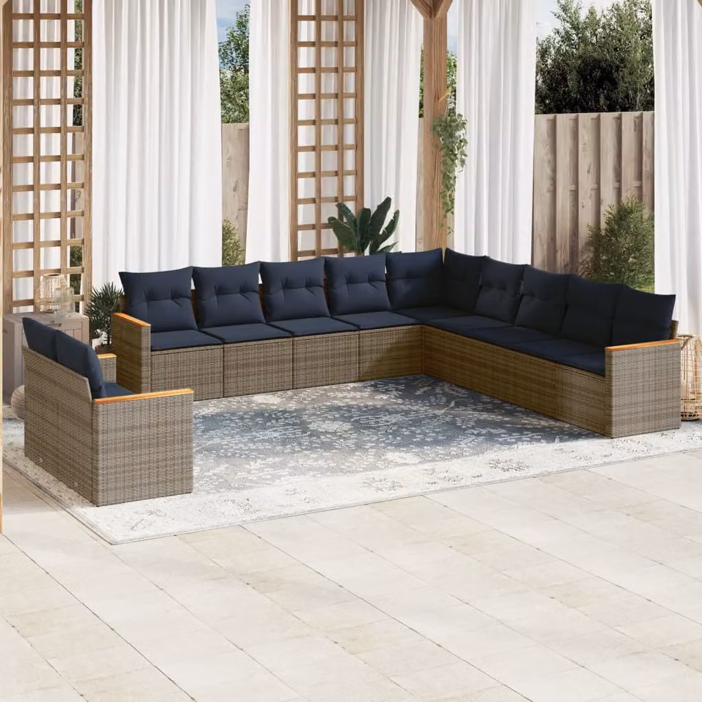 Set di divani da giardino vidaXL in rattan con 11 pezzi e cuscini grigi e blu con struttura in metallo e forma a L
