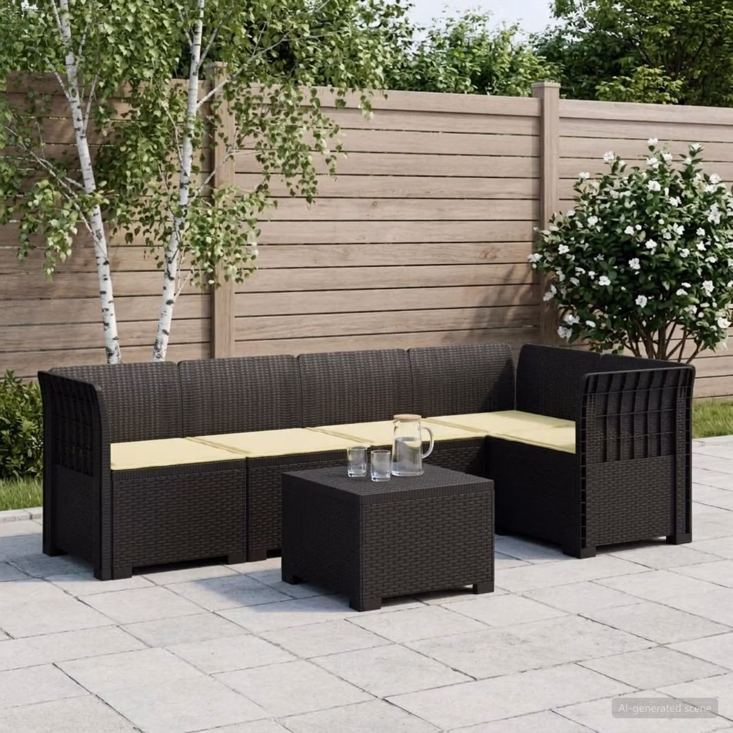 Set da giardino vidaXL a forma di L con divano da 3 posti, elemento angolare, tavolino da caffè e cuscini in stile rattan moderno, colori antracite, beige e marrone