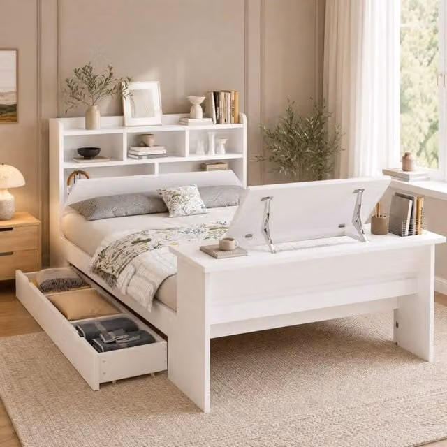 Letto 140x200 cm bianco in legno, con vano contenitore e tavolo ribaltabile