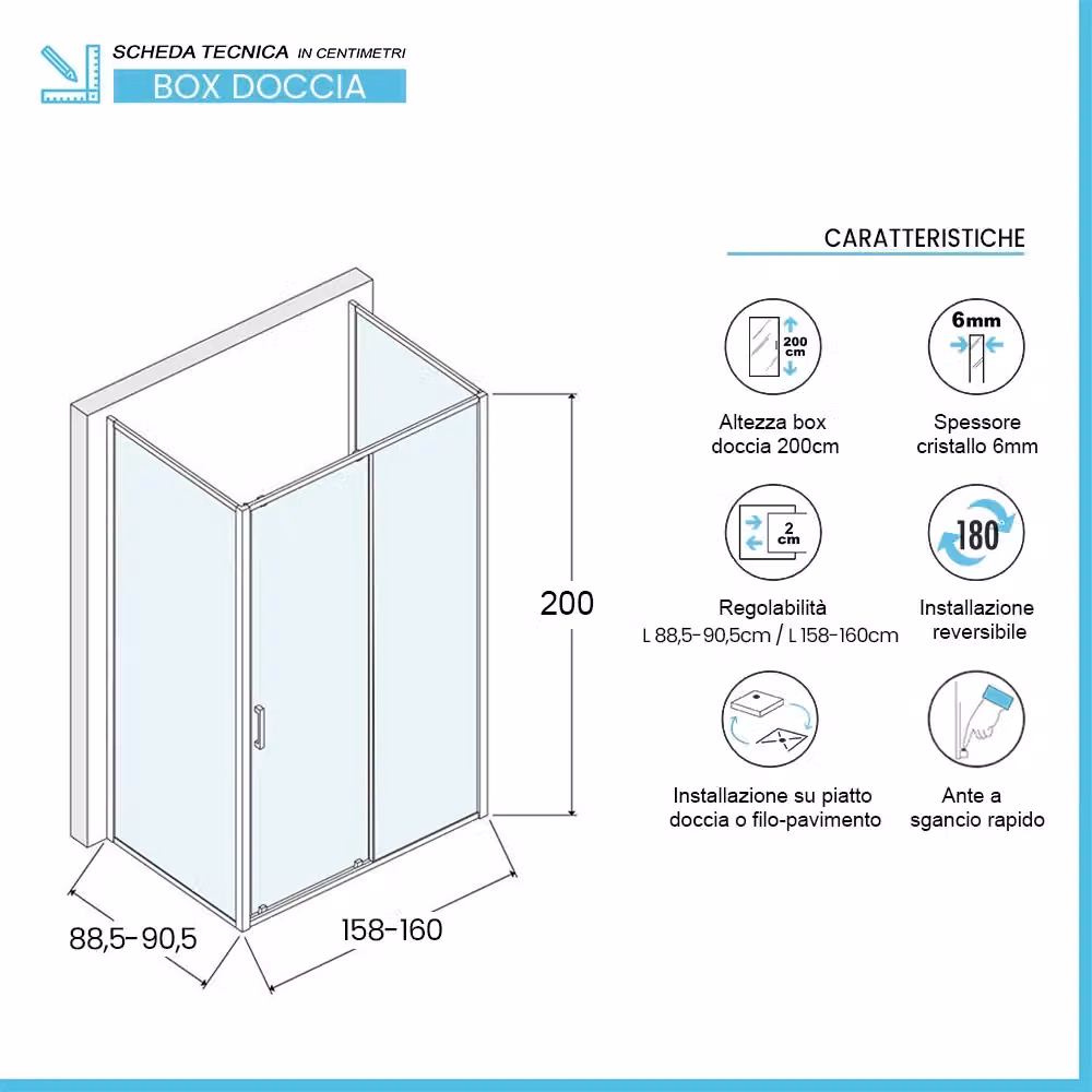 Box doccia a forma di U con porta scorrevole in vetro trasparente Ted L/P/H: 160 x 90 x 90 cm – 2