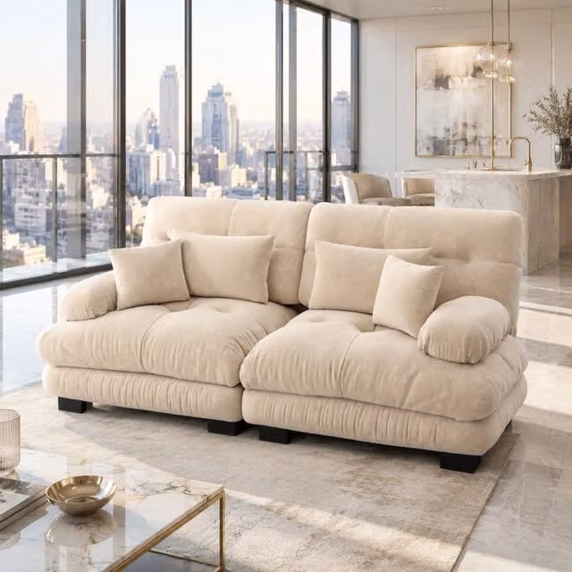 Divano angolare a 2 posti Mivray in tessuto beige e marrone con struttura in legno e cuscini decorativi, L 220 x P 81 x H 77 cm