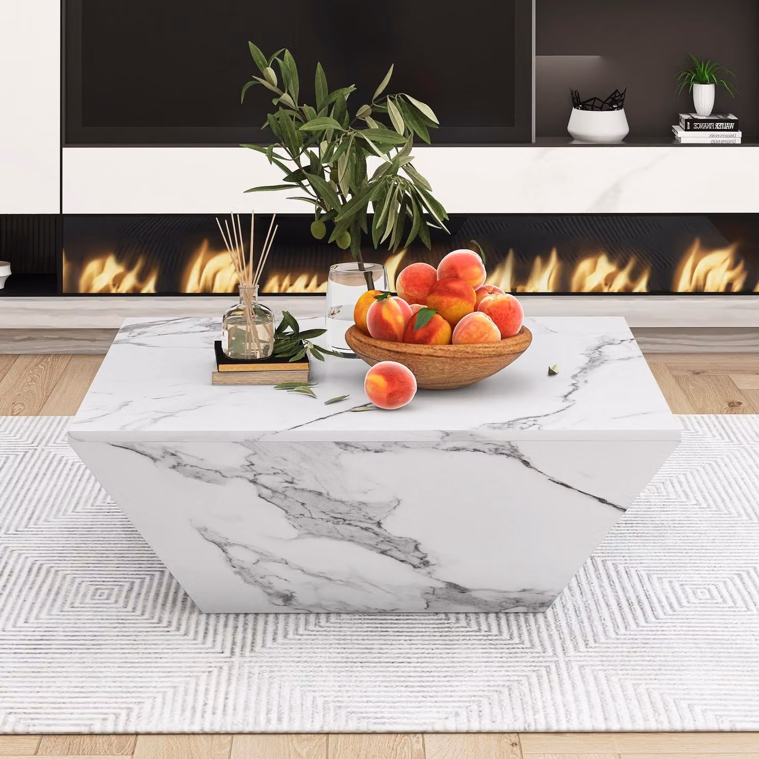 Tavolino da divano moderno, a forma di trapezio, con rivestimento in marmo bianco