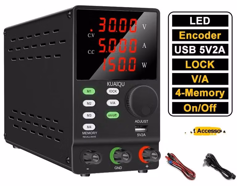 Alimentatore DC, con intervallo di tensione regolabile, monitoraggio in tempo reale, 30V 5A 150W