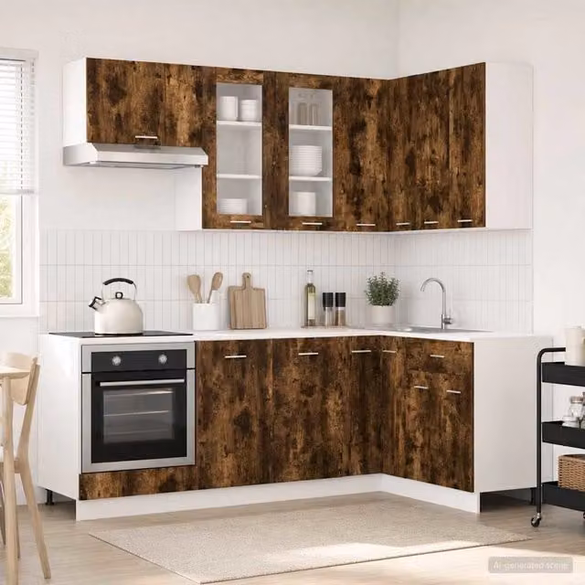 Unità Cucina Moderna vidaXL LYON in Rovere Fumo con Ante in Vetro e Ripiani Interni, 8 Pezzi, Marrone