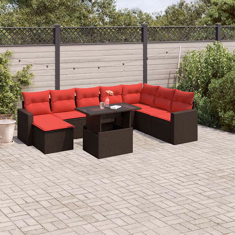 Set di divani da giardino vidaXL in polyrattan marrone con cuscini, tavolino e pouf, composizione a L con struttura in metallo per esterno