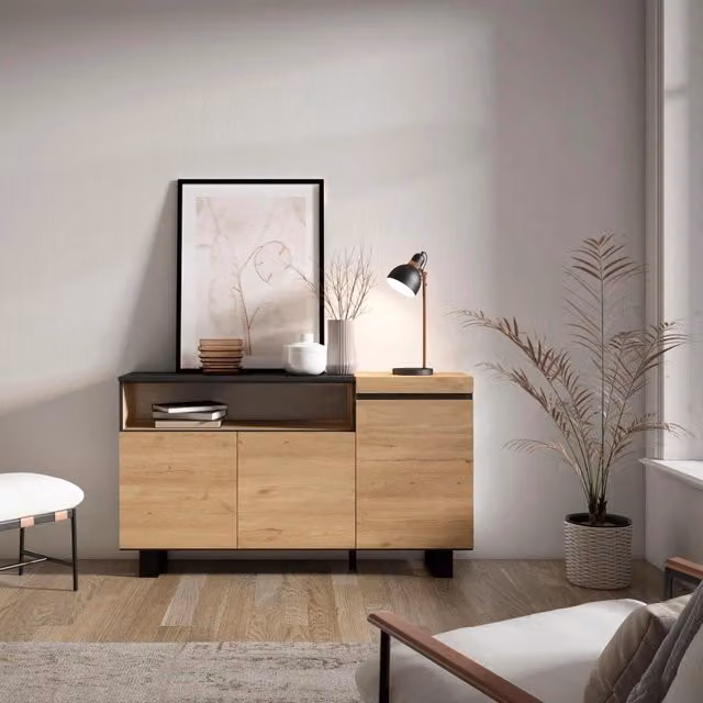 Credenza, Mobile, 150x35x87cm, 3 Porte, Design industriale, colore Rovere e nero RF2517