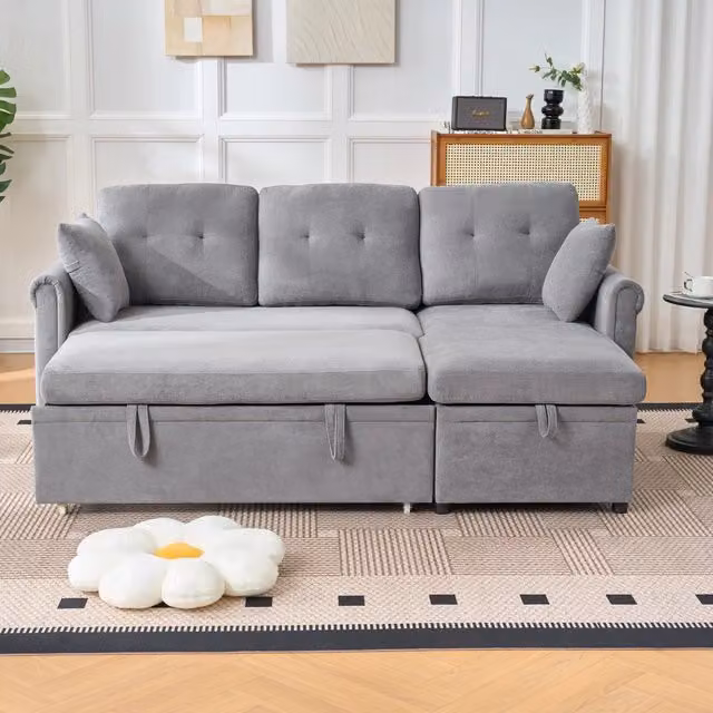 Divano angolare con contenitore e funzione letto ¨C Minimal ¨C Grigio tessuto chenille forma L
