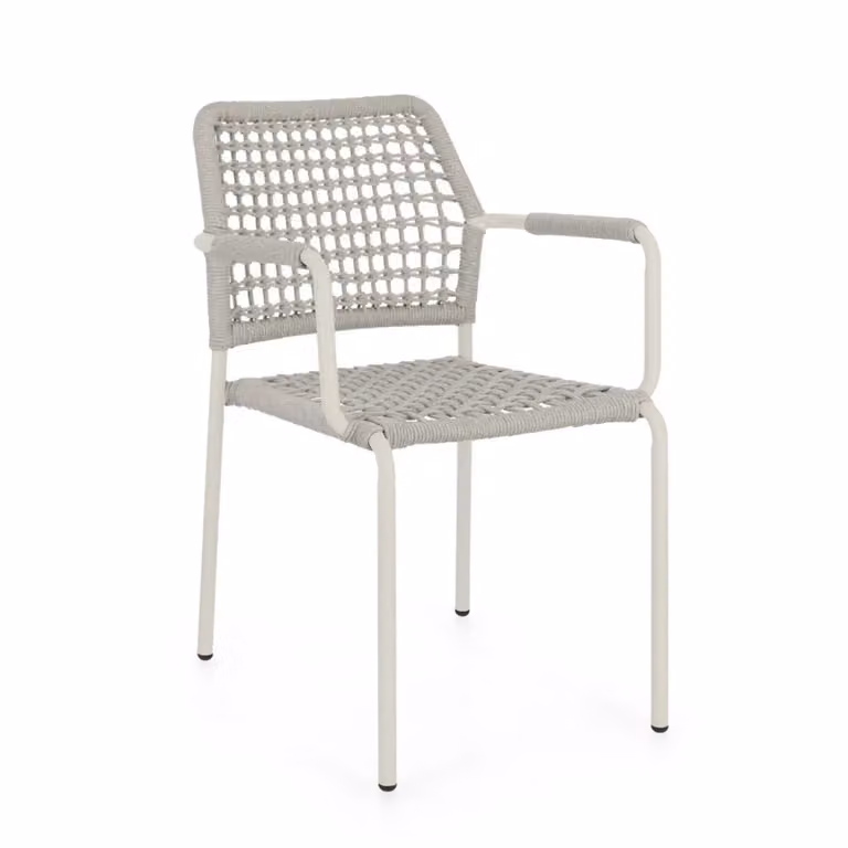 Set di 4 sedie con braccioli MIRANDA in alluminio beige e corda tortora, impilabili