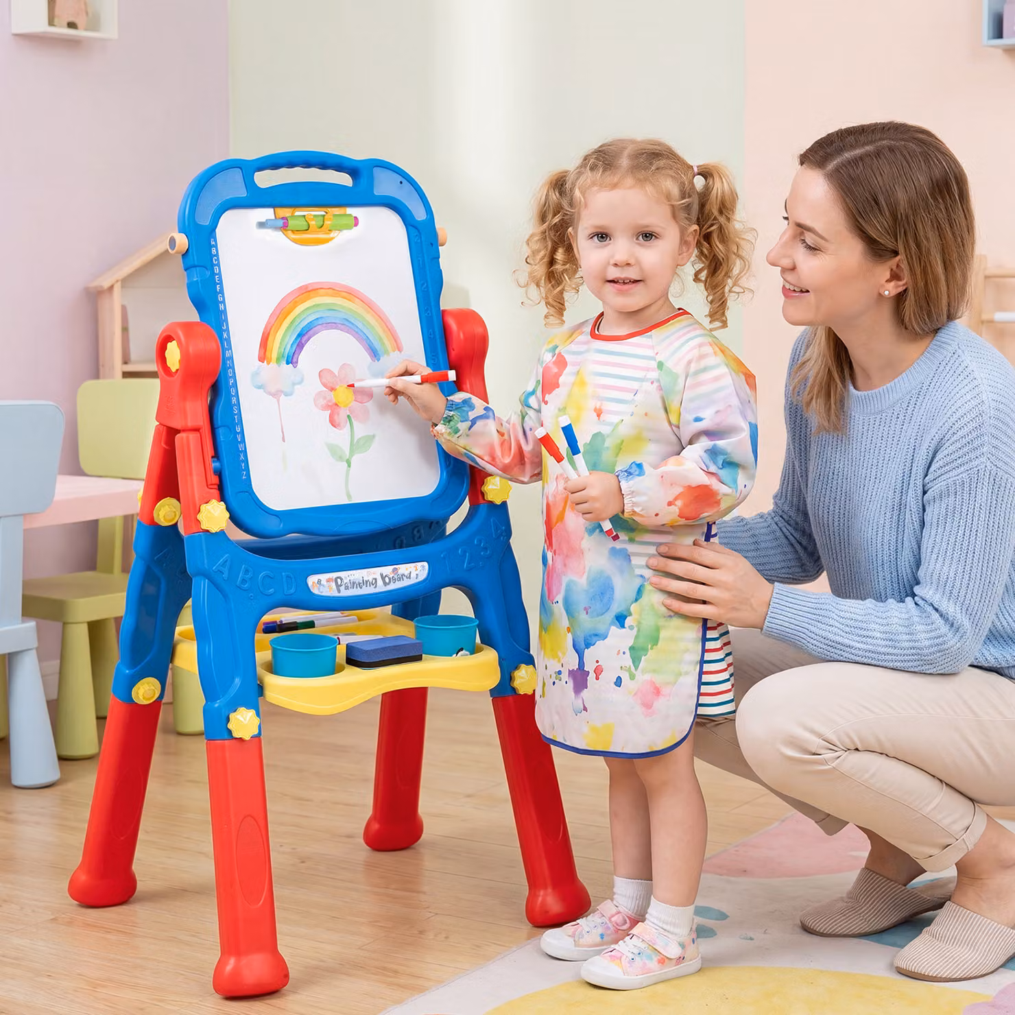 Cavalletto per bambini Costway 4 in 1 con lavagna magnetica a doppia faccia e base girevole a 360 gradi Blu
