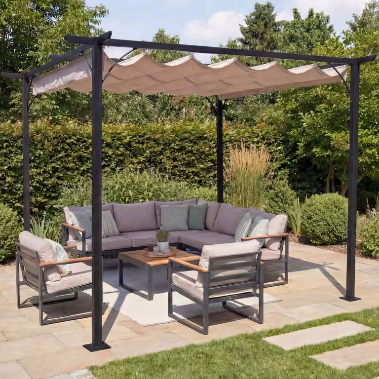 Pergola HWC-C42, padiglione da giardino, telaio robusto da 6 cm + tetto scorrevole ~ 3,5x3,5 m crema