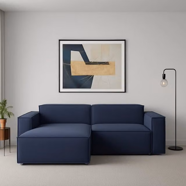 Divano componibile Alhoa Talamo Italia con penisola sinistra, modello moderno a 2 posti in tessuto blu, con funzione letto e coperture rimovibili, L: 220 cm, P: 170 cm, H: 70 cm