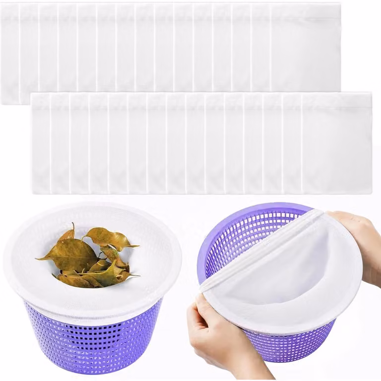 Set di 30 calze filtranti bianche per skimmer, rete filtrante pre-filtro per cestello dello skimmer, calze filtranti riutilizzabili per piscine interrate e piscine fuori terra